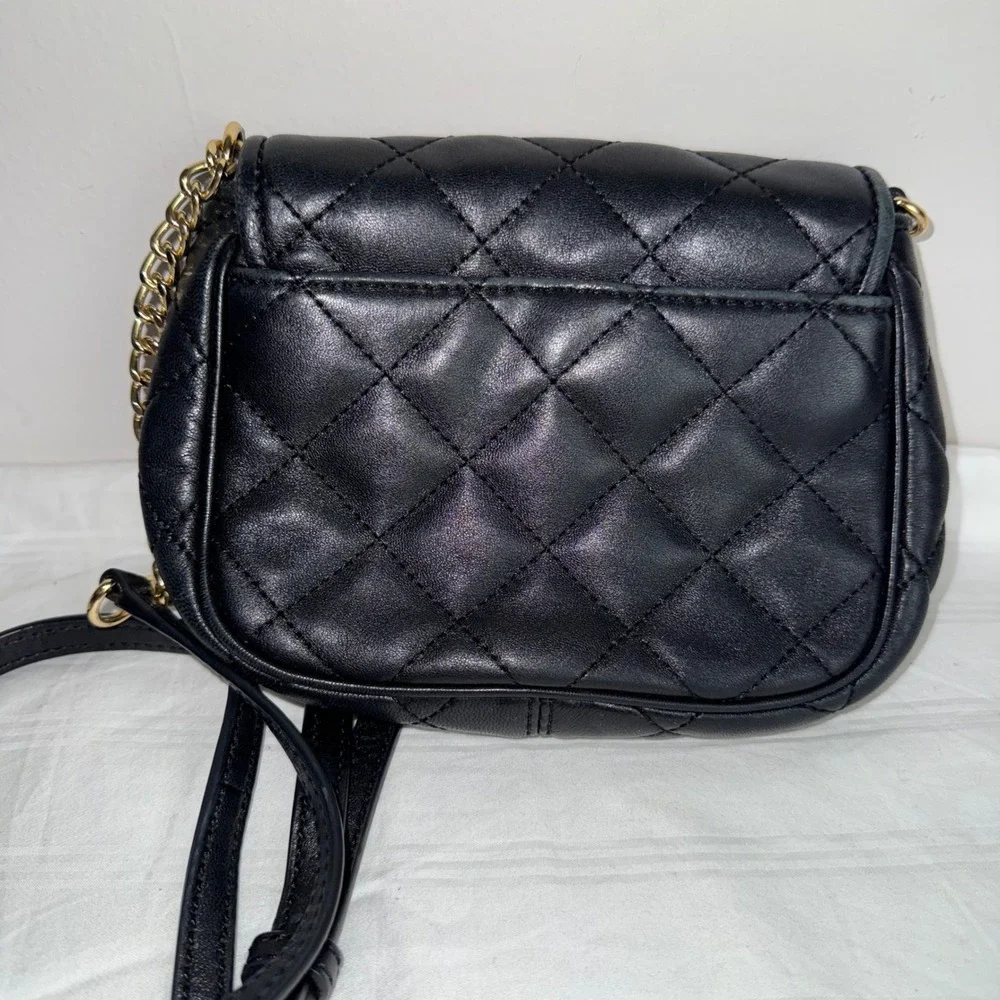 Michael Kors Black Quilted‎ Leather Crossbody Bag Gold Chain MK Logo